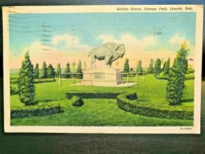 Vintage Postcard 1938 Buffalo Statue Pioneer Park Lincoln Nebraska