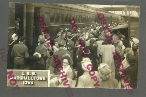 Marshalltown IOWA RPPC 1946 WW2 WWII Soldiers TROOP TRAIN Station DEPOT U.S.W.