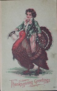 Thanksgiving greetings child riding giant turkey