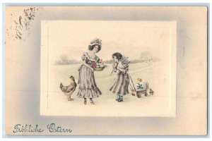 c1910's Easter Mother And Daughter With Eggs In Basket Chicken Hen Postcard