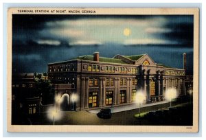 1942 Terminal Station At Night Cars Macon Georgia GA Posted Vintage Postcard 