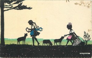 Postcard 1920s Manni Grose Art Deco Silhouette Children Lambs 23-9302