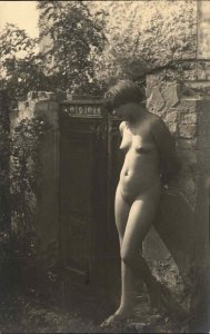 Nude Woman Stone Wall & Door Outdoors Real Photo Card