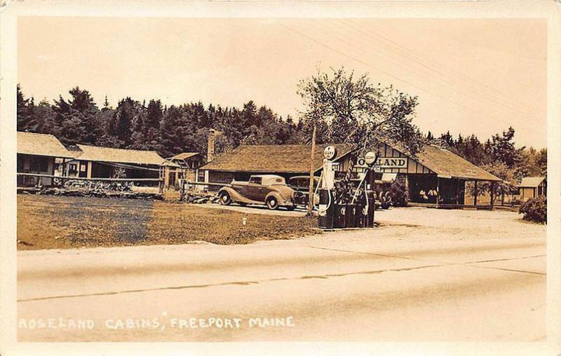 Freeport ME Roseland Cabins Socony Gas Station Old Cars RPPC Postcard