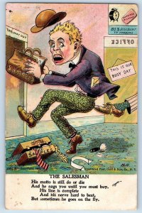 Comic Humor Postcard The Salesman Kicked Off The Office c1905 Antique Posted