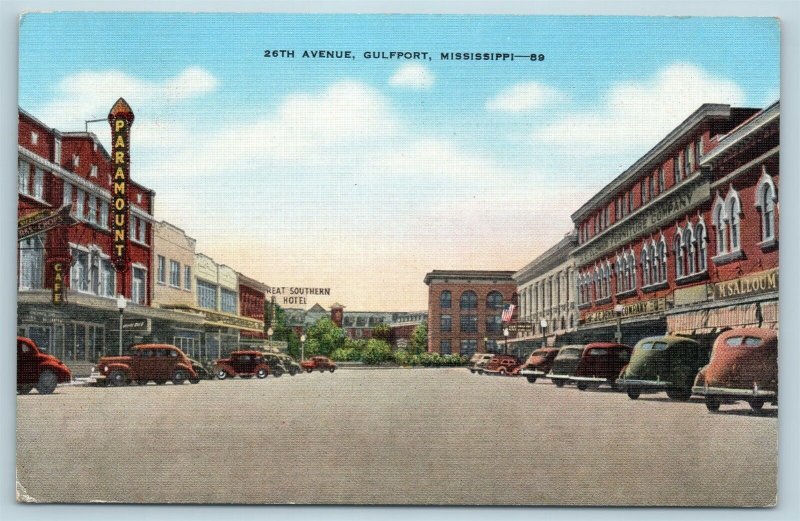 Postcard MS Gulfport 26th Avenue Street View Old Cars Store Fronts c1940s U05