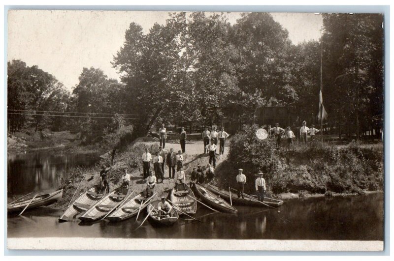 c1907 Lake Shore View Men Boys Paddle Boats RPPC Photo Unposted Postcard 