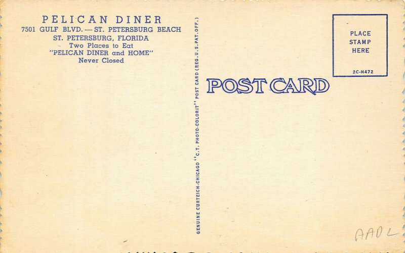 St Petersburg FL Pelican Diner Restaurant Curt Teich Linen Postcard