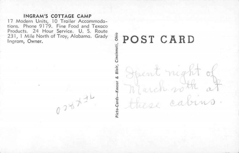 Troy Alabama Ingram's Cottage Camp Gas Station Vintage Postcard AA53550