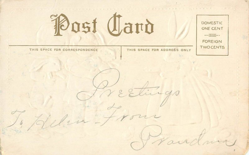 Embossed Easter Postcard Children Bring Baby Rabbits to Dressed Rabbit Mother