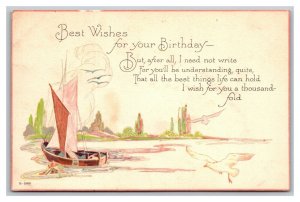 Vintage 1920's Birthday Postcard Sailboat on a Lake Birds Pink Boarder