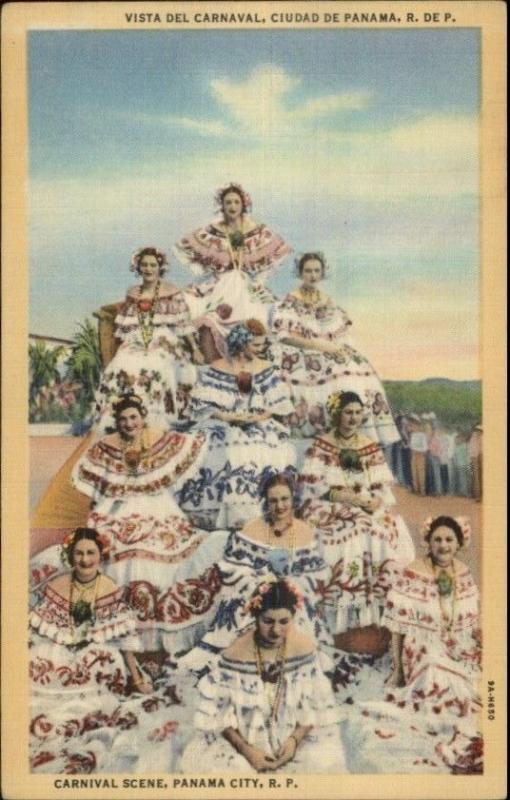 Panama - Native Beautiful Women in Dresses Carnival Scene Linen Postcard