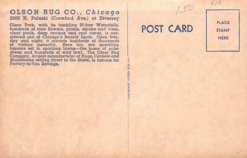 VINTAGE POSTCARD OLSON PARK AT OLSON RUG FACTORY CO. AT DIVERSEY CHICAGO 1940s