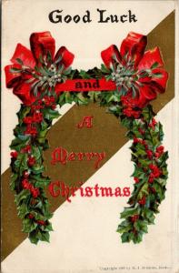 Christmas~Good Luck Holly Berry Horseshoe~Red Ribbon Mistletoe~Gold~HI Robbins