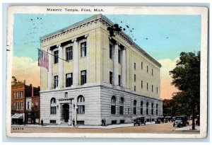 1927 Masonic Temple Exterior Building Classic Cars Road Flint Michigan Postcard 