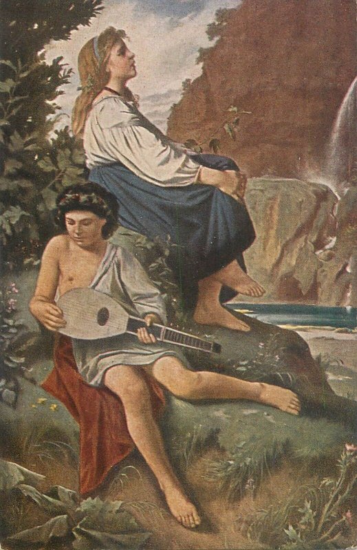 Remembrance from Tivoli by A. Feuerbach mandolin music vintage fine art postcard