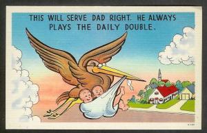 'This Will Serve Dad Right' Stork w/twins unused c1940's