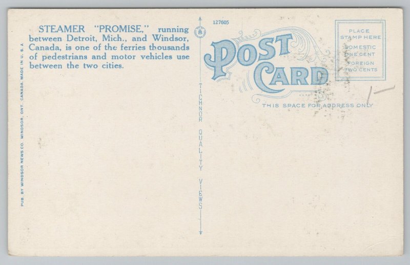 Detroit Michigan~Ferry Steamer Promise On Lake~Canada To US~Vintage Postcard