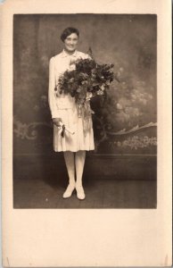 RPPC Graduating Girl Holding Huge Bouquet, Toronto Canada Vintage Postcard U75