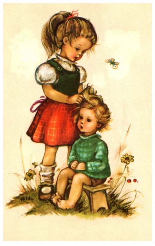 Child , combing toddler's hair  , signed Alfrecd Mainzer