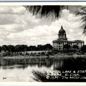 1939 Pierre, SD RPPC Capitol Lake State House Real Photo Building Postcard A95