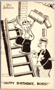 Stair Man Climbs Dropping Boxes Mailman Happy Birthday Boss Comic Postcard