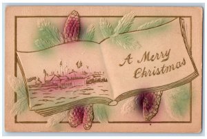 c1910's Christmas Pine Cone Books Airbrushed Embossed Posted Antique Postcard