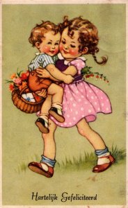 Two Cute Kids With Flowers Vintage Postcard 09.88