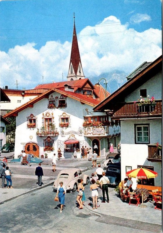 Seefeld, Tyrol Austria  STREET SCENE  Outdoor Cafe~Cars/VW Bug  4X6 Postcard