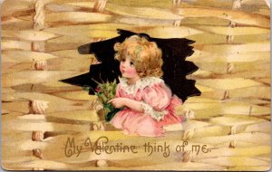 Valentine Postcard Little Girl Wearing Pink Inside a Wicker Basket