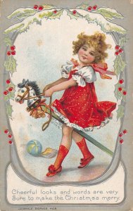 red dress girl on stick horse Juvenile series 408 christmas postcard ac146