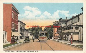 NY, Endicott, New York, Main Street, Looking East, Trolley, Curteich No A-85249