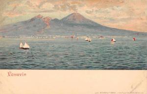 Campania Italy birds eye view Mt Vesuvio and boats in harbor antique pc Z29992