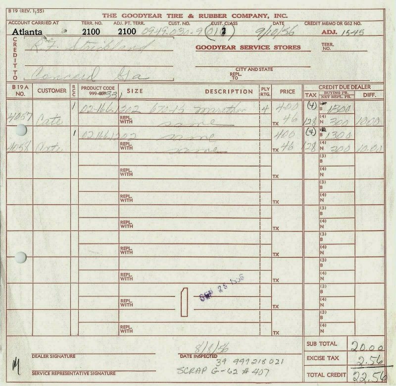 1956 Goodyear Tire & Rubber Company Piedmont Rd. Atlanta Georgia Invoice 438