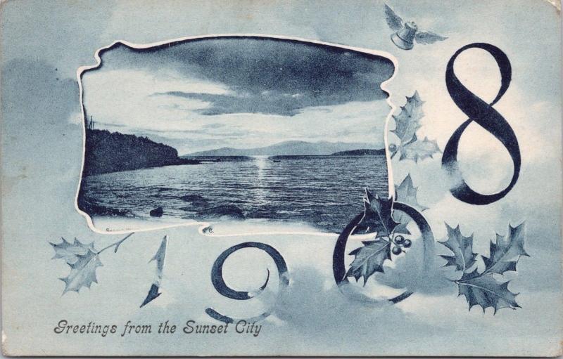 Greetings from the Sunset City Victoria BC Canada New Year 1908 Postcard E32