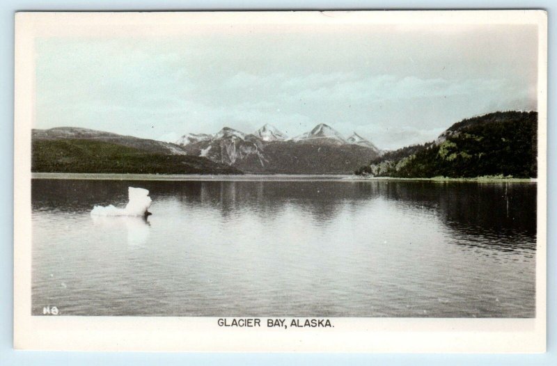 RPPC  GLACIER BAY, AK Alaska~ VIEW of the BAY & MOUNTAINS c1940s Tinted Postcard