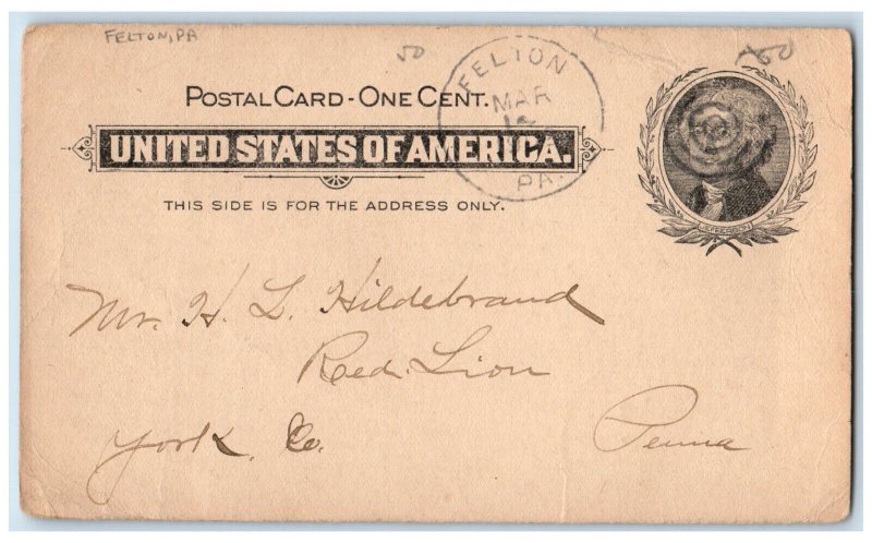 1902 Mr. H.L. Hildebrand Felton Pennsylvania PA York County PA Postal Card