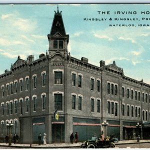 c1910 Waterloo, IA Irving Hotel Litho Photo Postcard St Downtown Kingsley A38