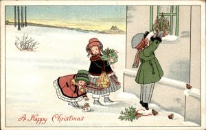 Christmas Children Wintry Scene Leave Presents PAULI EBNER #2 Vintage Postcard