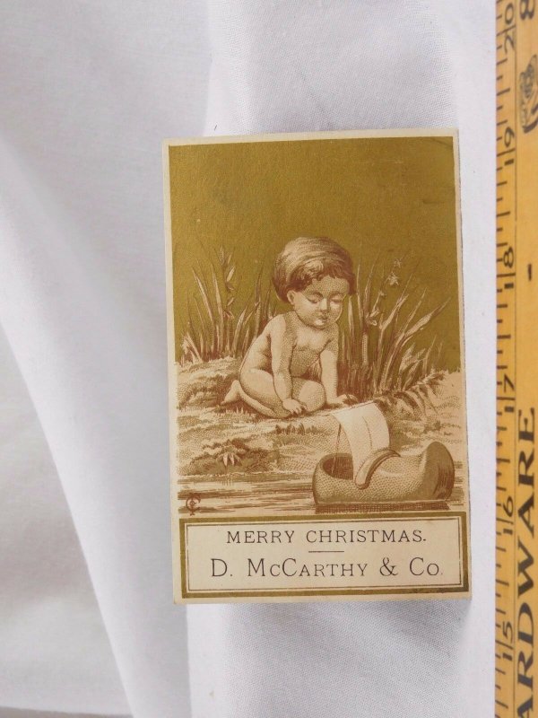 Victorian Christmas Trade Card D. McCarthy & Co Cherub Dutch Shoe-Boat Toy F42