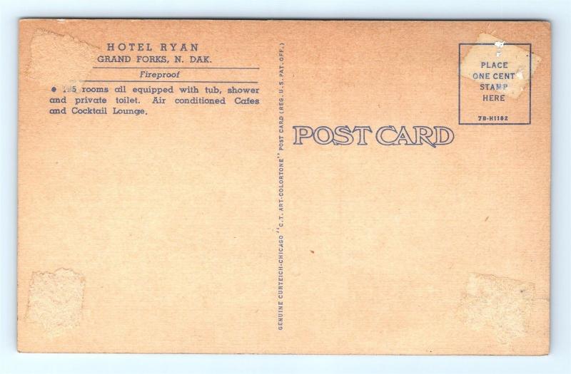 Postcard ND Grand Forks Hotel Ryan Vintage Linen K15