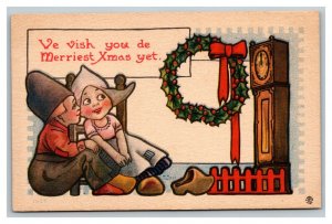 Vintage 1910's Christmas Postcard Cute Dutch Kids Xmas Wreath Grandfather Clock