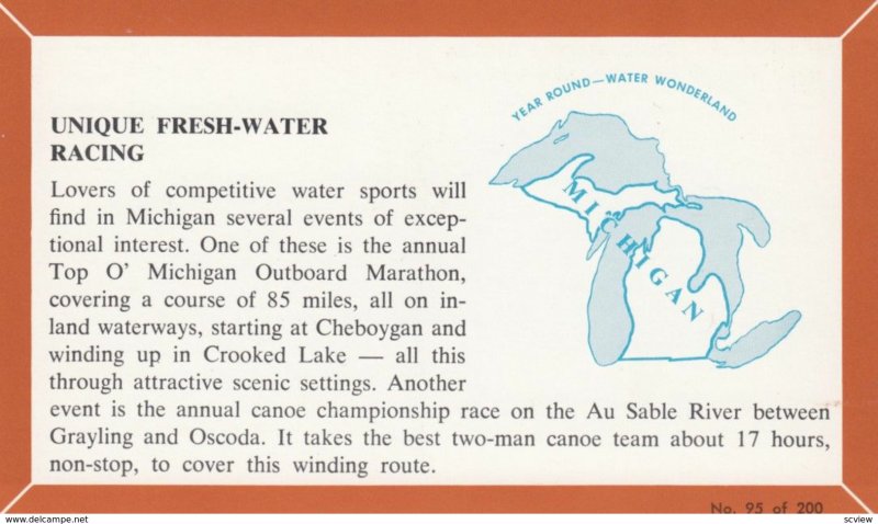 MICHIGAN, 1940-60s; Fact Card, No. 95 of 200, Unique Fresh-Water Racing