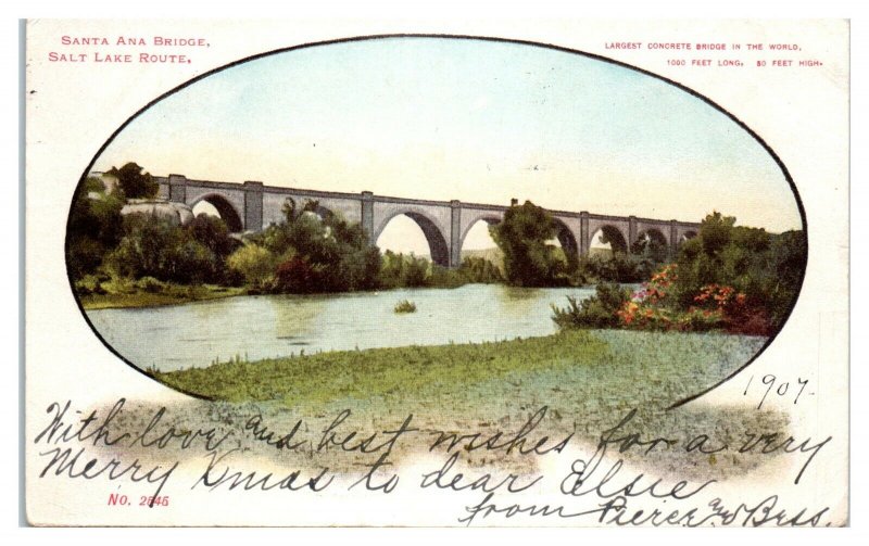 1907 Santa Ana Bridge, Salt Lake Route, Los Angeles Limited, CA Postcard *5Q(2)9