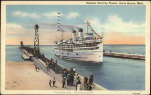 South Haven MI Steamer Ship Entering - Lighthouse Linen Postcard