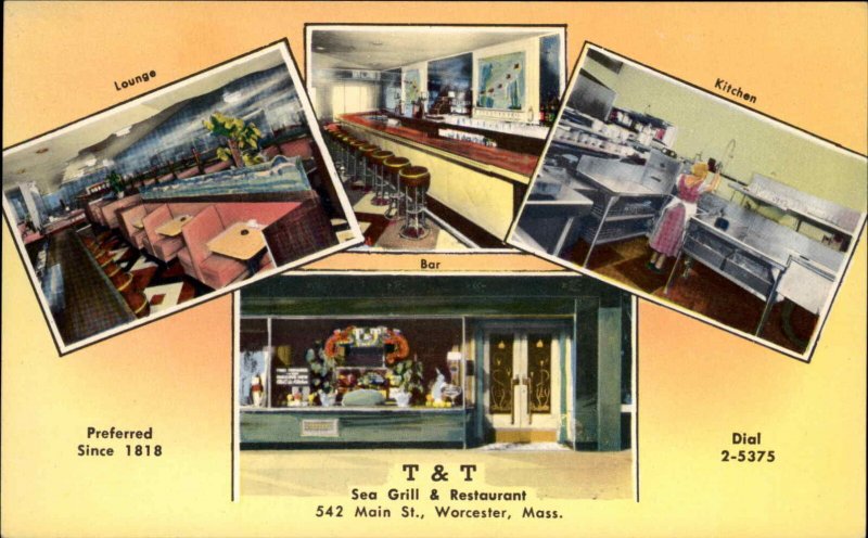 Worcester Massachusetts MA T&T Sea Grill and Restaurant Vintage Postcard