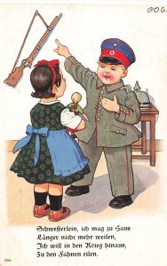 I don't want to stay at home~I want to go out to war.  WW1 GERMAN POSTCARD