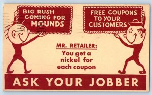 1937 Peter Paul Nickle Big Rush Mounds Free Coupons To Your Customer Postal Card