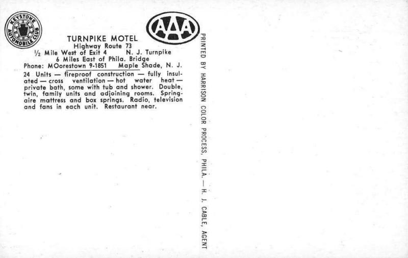Maple Shade New Jersey Turnpike Motel Antique Postcard J44079