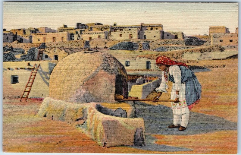 c1940s Pueblo Adobe Oven Bread Making Linen Postcard Native American Indian A90